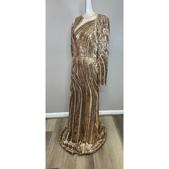 ELIE SAAB Sequin Embroidered Tulle Cutout Long-sleeve Gown In Gold FR40/US8 $732 - Picture 7 of 10